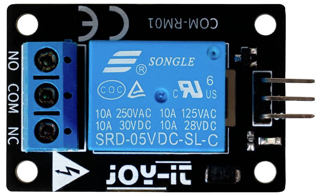 'Un module relais avec bobine bleue, marquages pour spécifications électriques et bornes NO, COM, NC sur carte noire.'