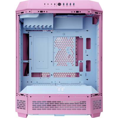 Un boîtier PC rose et bleu, ouvert et vide, présente un design aéré permettant une gestion efficace des câbles et une circulation optimale de l'air.