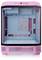 Boîtier d'ordinateur en rose et bleu avec façade en verre, plusieurs ports USB en haut et une structure alvéolaire interne pour la ventilation.