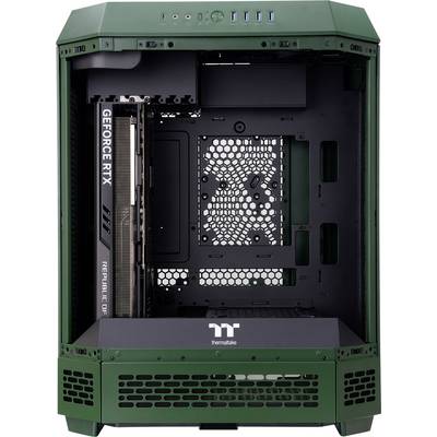 Boîtier PC vide au design vert avec carte graphique 'GEFORCE RTX' visible. Vue de face montrant la structure interne sans composants installés.