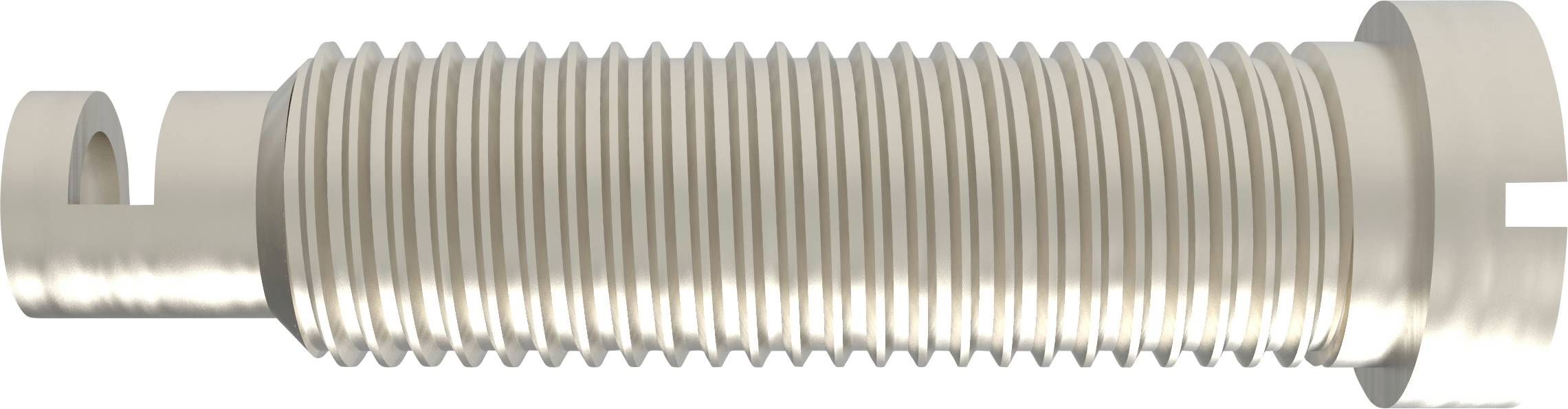 Spindel cylindrique en métal filetée, avec un filet de vis et un petit bride à l'extrémité, probablement un composant d'une machine.