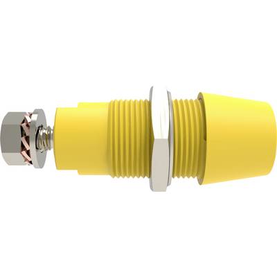 Capteur cylindrique jaune avec filetage et connexion métallique. Un écrou métallique est visible à gauche. Conçu pour des applications industrielles.
