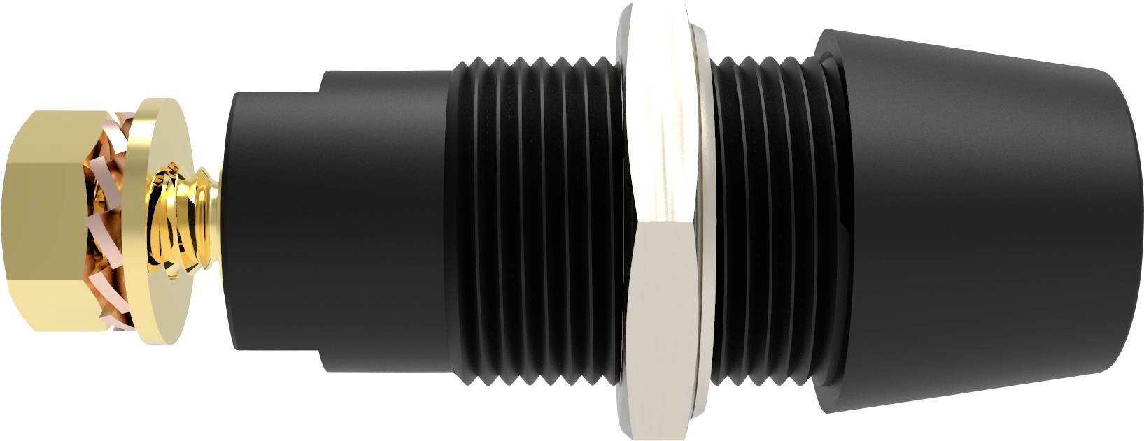 Un manchon noir cylindrique doté de composants dorés et métalliques, présentant un système de connexion électrique.