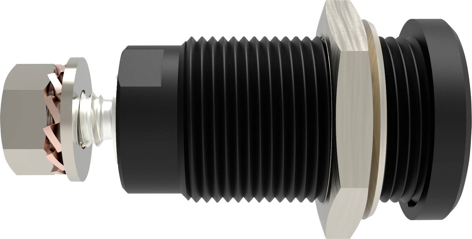 Un cylindre métallique noir à surface rainurée, avec un écrou métallique fixé à une extrémité.