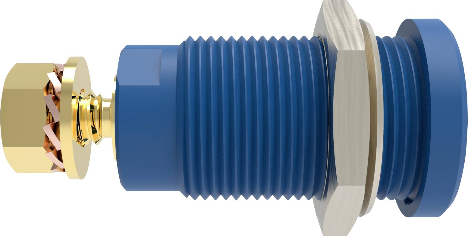 Capteur bleu, cylindrique, avec un connecteur de couleur or et un écrou de fixation, monté sur une plaque en bois plate.