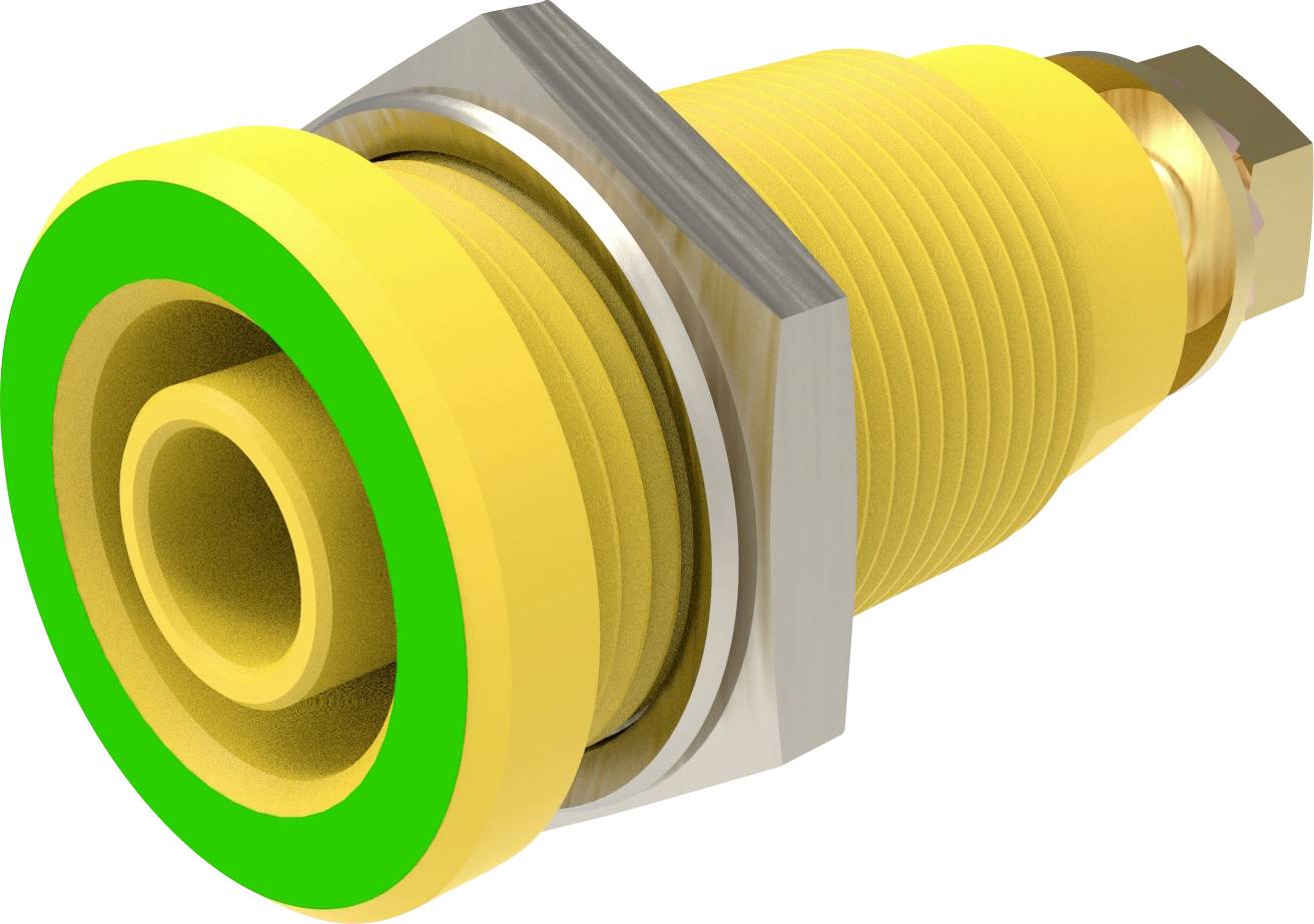 Un composant mécanique jaune fileté avec un bord métallique hexagonal, utilisé en électrotechnique pour les connexions.
