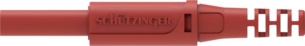Bouchon de sécurité Schützinger rouge avec fentes de ventilation et nom de marque, utilisé dans des applications électrotechniques.