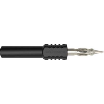 Une fiche noire cylindrique avec une pointe métallique, probablement un connecteur de câble audio, sur fond blanc.