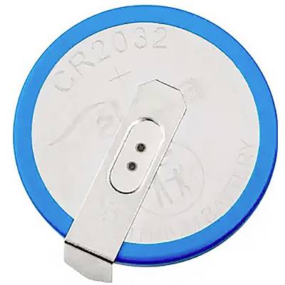 Pile ronde en argent et bleu portant l'inscription 'CR2032' et munie d'une languette métallique. Adaptée aux appareils électroniques.