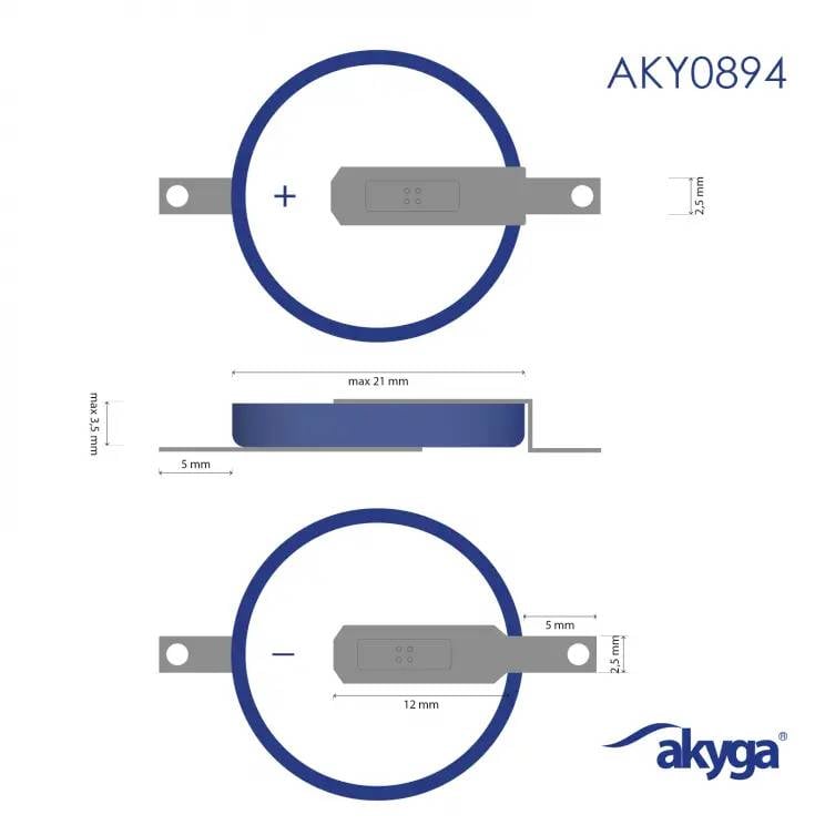 'AKY0894' Support de batterie, représenté de dessus et de côté avec dimensions : 21 mm max, épaisseur de 2 mm, trous de fixation de 5 mm. Marque 'akyga'.