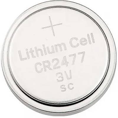 Pile bouton lithium argentée portant l'inscription « Lithium Cell CR2477 3V ».