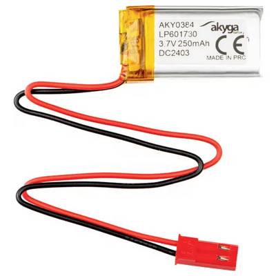 Batterie Lithium-Polymère avec des fils de connexion rouges et noirs. Capacité : 250 mAh, Tension : 3,7 V, Fabricant : Akyga.