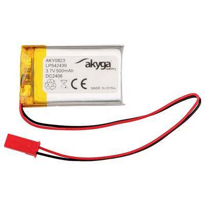 Une batterie lithium-polymère rectangulaire avec des câbles et un connecteur. Inscription : « akyga battery », « 3,7V 500mAh », « MADE IN CHINA ».
