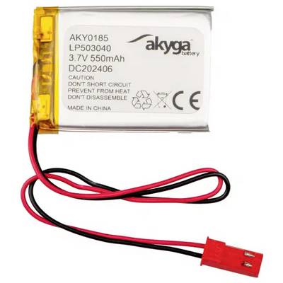Batterie Lithium-Polymère de 3,7V et 550mAh de Akyga, modèle LP503040. Avertissements : éviter les courts-circuits, protéger de la chaleur, ne pas démonter.