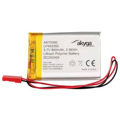 Batterie Lithium-Polymère Akyga de 3,7 V, 800 mAh et 2,96 Wh. Mise en garde : Protection contre les courts-circuits et la chaleur. Câble avec connecteur rouge.