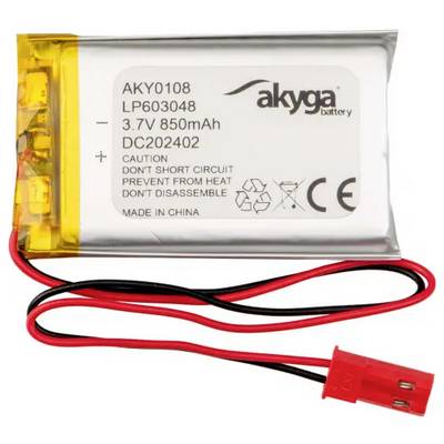 Batterie 'Akyga', Modèle AKY0108, 3,7V, 850mAh. Mise en garde : Ne pas court-circuiter, protéger de la chaleur. Fabriqué en Chine.