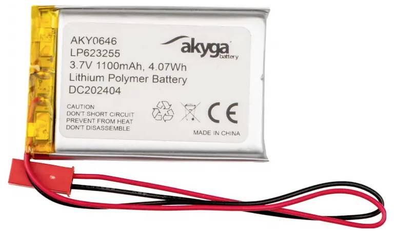 Une batterie rectangulaire portant l'inscription 'Batterie lithium polymère 3,7V 1100mAh, 4,07Wh', avec deux câbles qui en sortent.