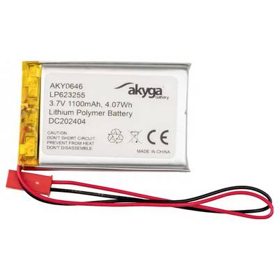 Une batterie rectangulaire portant l'inscription 'Batterie lithium polymère 3,7V 1100mAh, 4,07Wh', avec deux câbles qui en sortent.