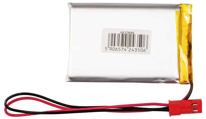 Batterie lithium-polymère rectangulaire avec une bande jaune et un câble rouge, munie d'un connecteur, d'un numéro de modèle et d'un code-barres sur la face avant.