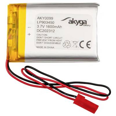 Batterie Lithium-Polymère 'Akyga', Modèle AKY0099, 3,7V, 1600mAh, fabriquée en Chine. Avertissement : Ne pas court-circuiter ni démonter.
