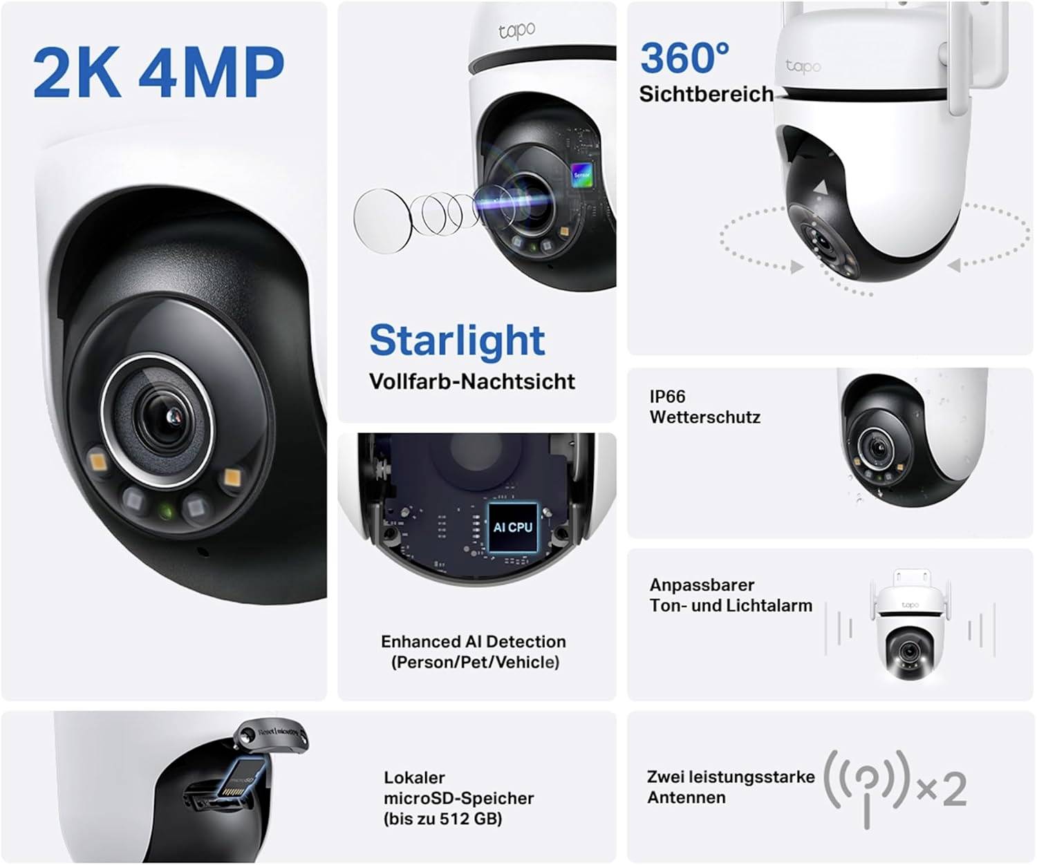 Caméra de surveillance avec résolution 2K 4MP, vision à 360°, vision nocturne Starlight, protection IP66, détection par IA et support de carte microSD.