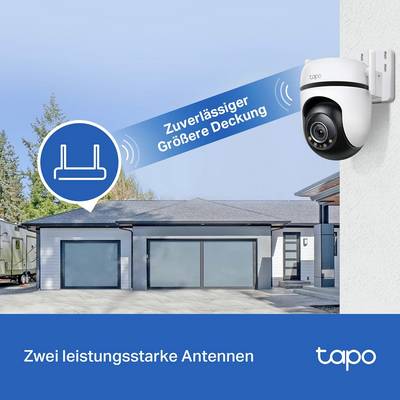 Une caméra extérieure sur un bâtiment affiche 'Plus fiable, Couverture plus large'. L'étiquette souligne 'Deux antennes puissantes'.