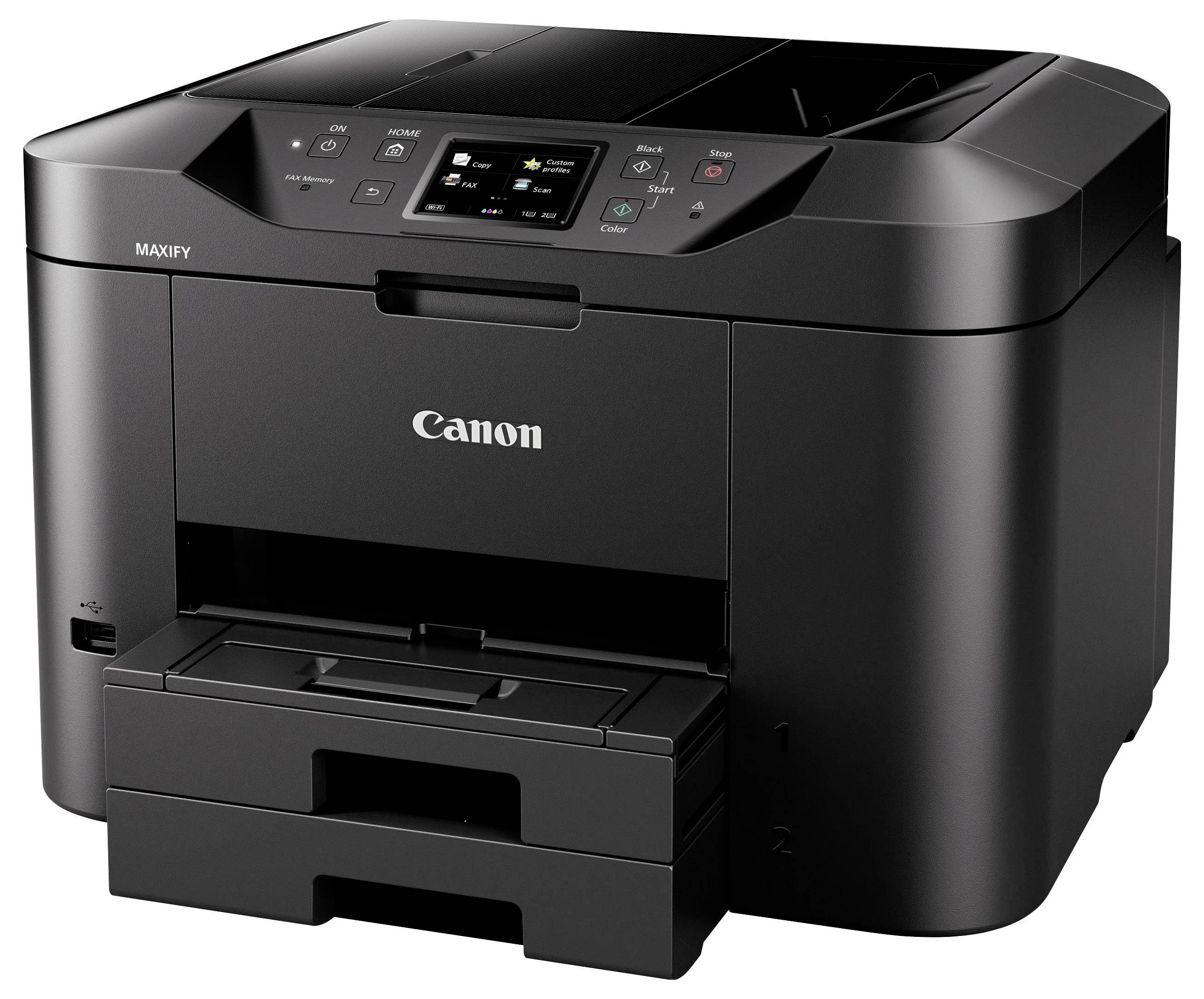 Imprimante Canon Maxify noire avec panneau de commande et bac à papier à l'avant ; adaptée aux applications de bureau.
