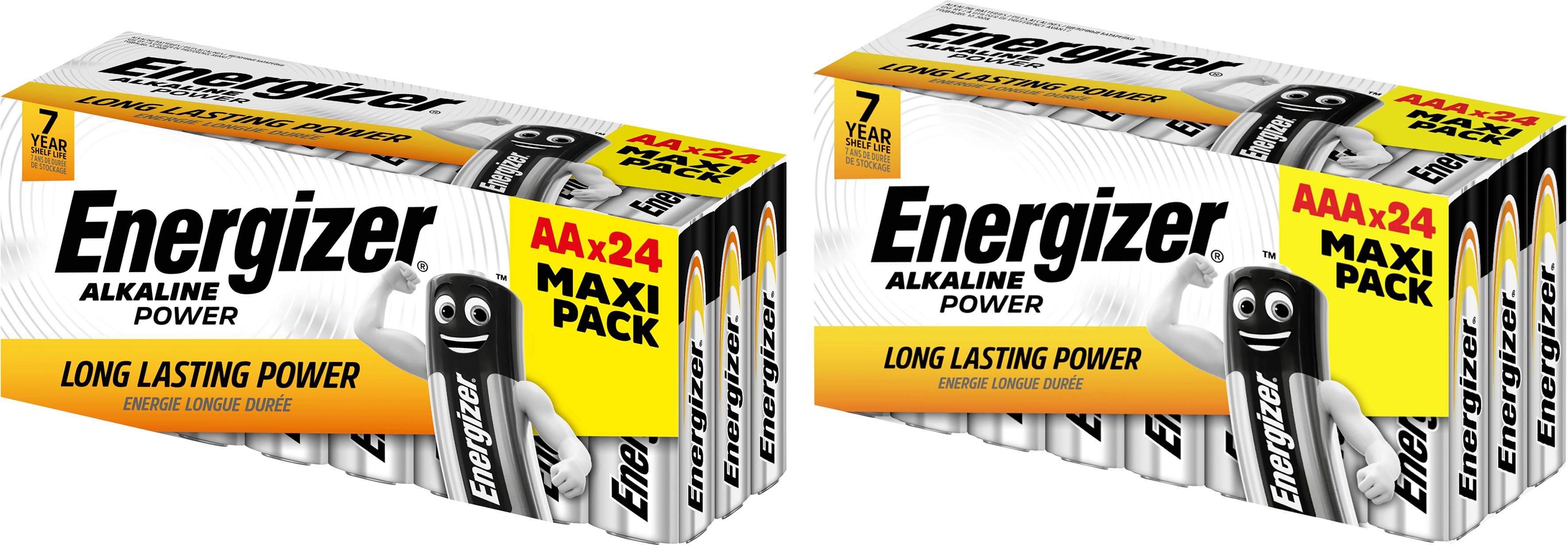 Deux packs de piles alcalines Energizer, type AAA, avec 24 piles par pack. L'emballage met en avant leur longue durée de vie.