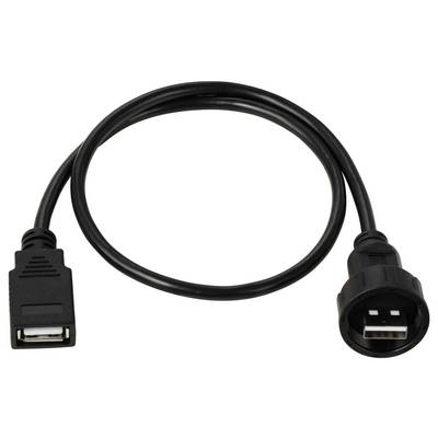 Un câble USB gainé de noir avec une connectique femelle à gauche et une connectique mâle ronde à droite.