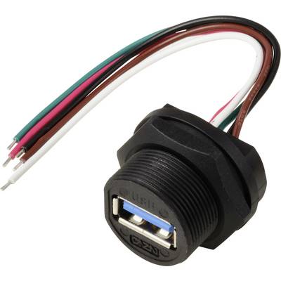 Une prise USB 3.0 à montage sur panneau avec cinq fils attachés (rouge, vert, blanc, noir, marron) utilisée pour connecter des appareils électroniques.