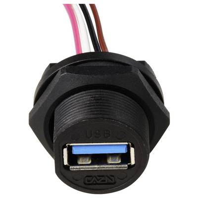 Un composant de port USB noir avec un intérieur bleu et des fils attachés, indiquant qu'il fait partie d'un ensemble électrique ou électronique.