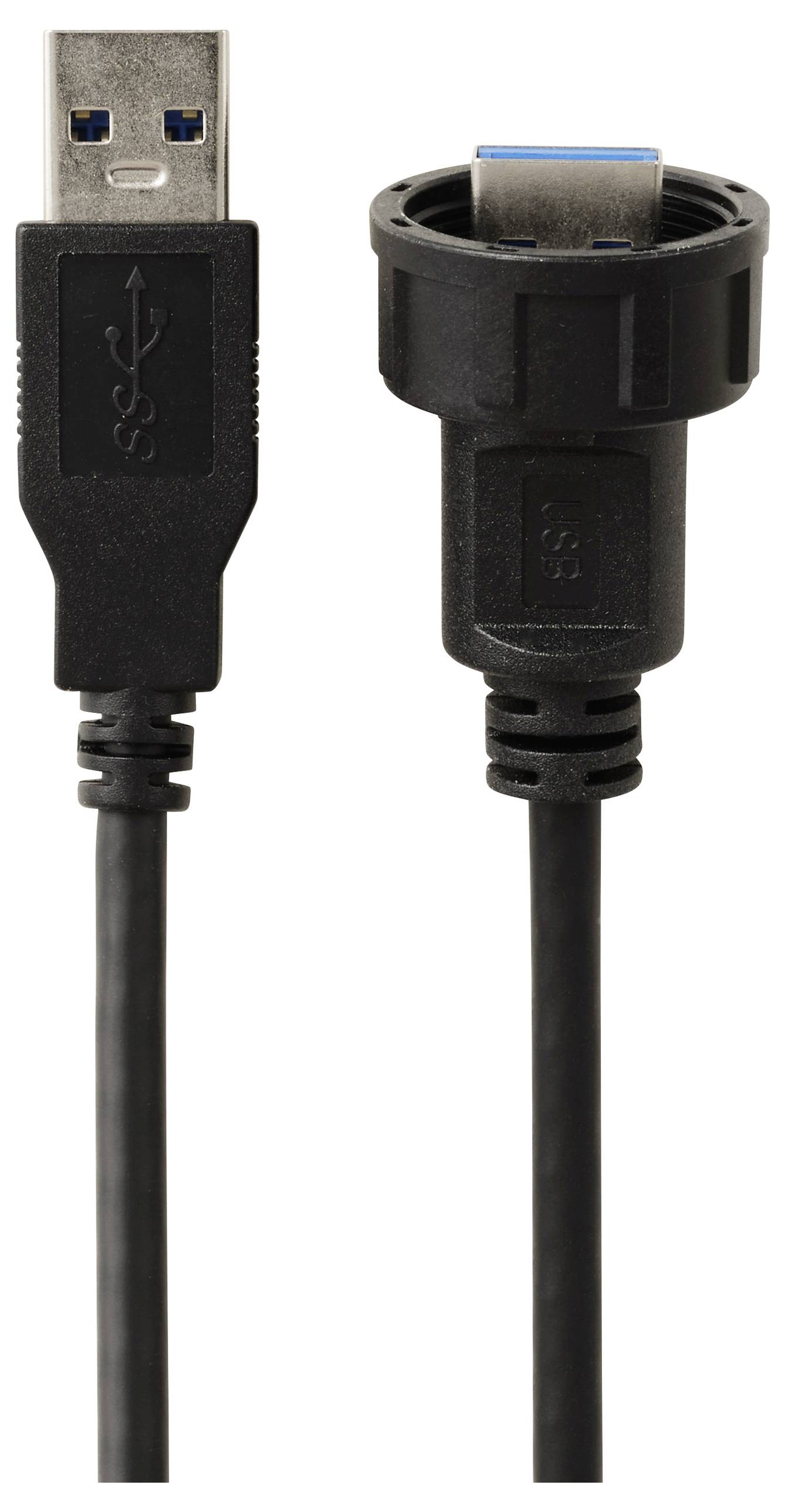 Câble USB noir avec connecteur USB-A à gauche et port USB-A étanche à droite, adapté pour le transfert de données et l'alimentation électrique.