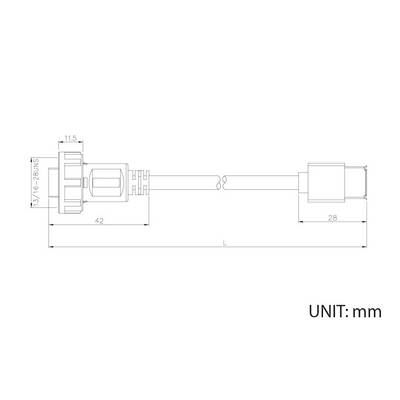 Un diagramme technique d'un câble avec des connecteurs. Les dimensions sont indiquées : longueur 42 mm d'un côté, 28 mm de l'autre. Unité de mesure : mm.