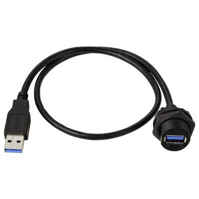 Un câble d'extension USB noir avec des connecteurs USB 3.0 à chaque extrémité, une fiche et un port, sur un fond blanc.