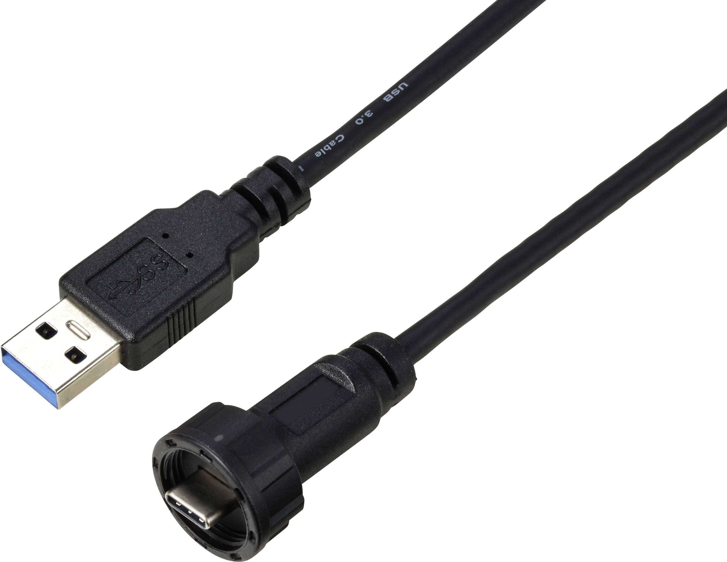 Câble USB 3.0 avec deux types de connecteurs différents : à gauche un connecteur USB-A, à droite un connecteur rond.
