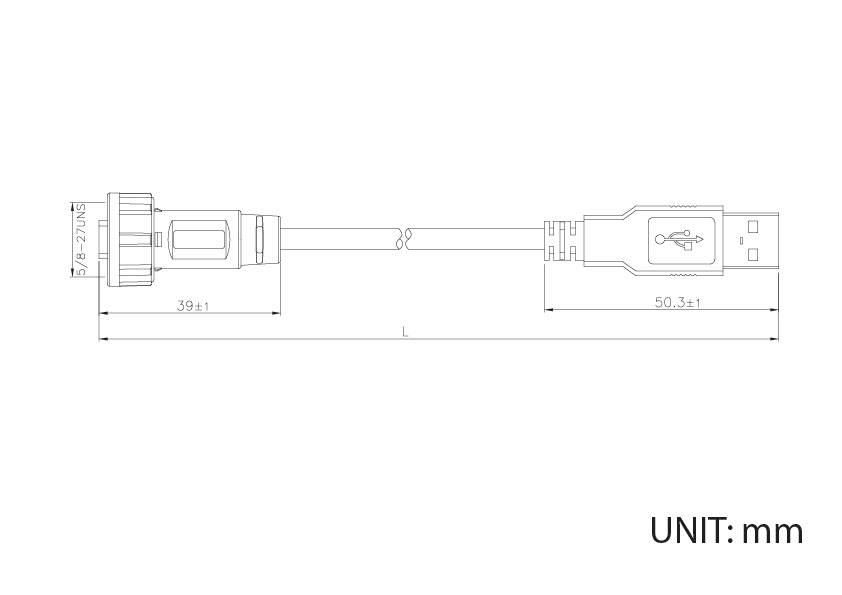 Dessin technique d'un câble USB avec dimensions en mm ; à gauche la fiche, à droite le port USB.