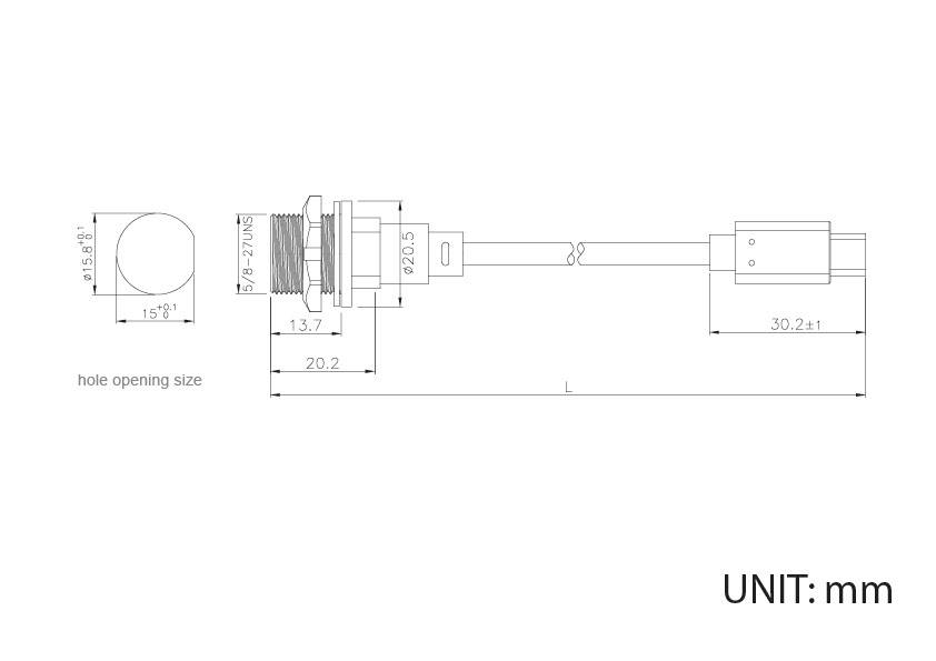 Dessin technique d'un capteur cylindrique avec dimensions : diamètre de 15,8 mm, longueur du filetage de 12 mm, longueur de câble variable. Unité de mesure : mm.