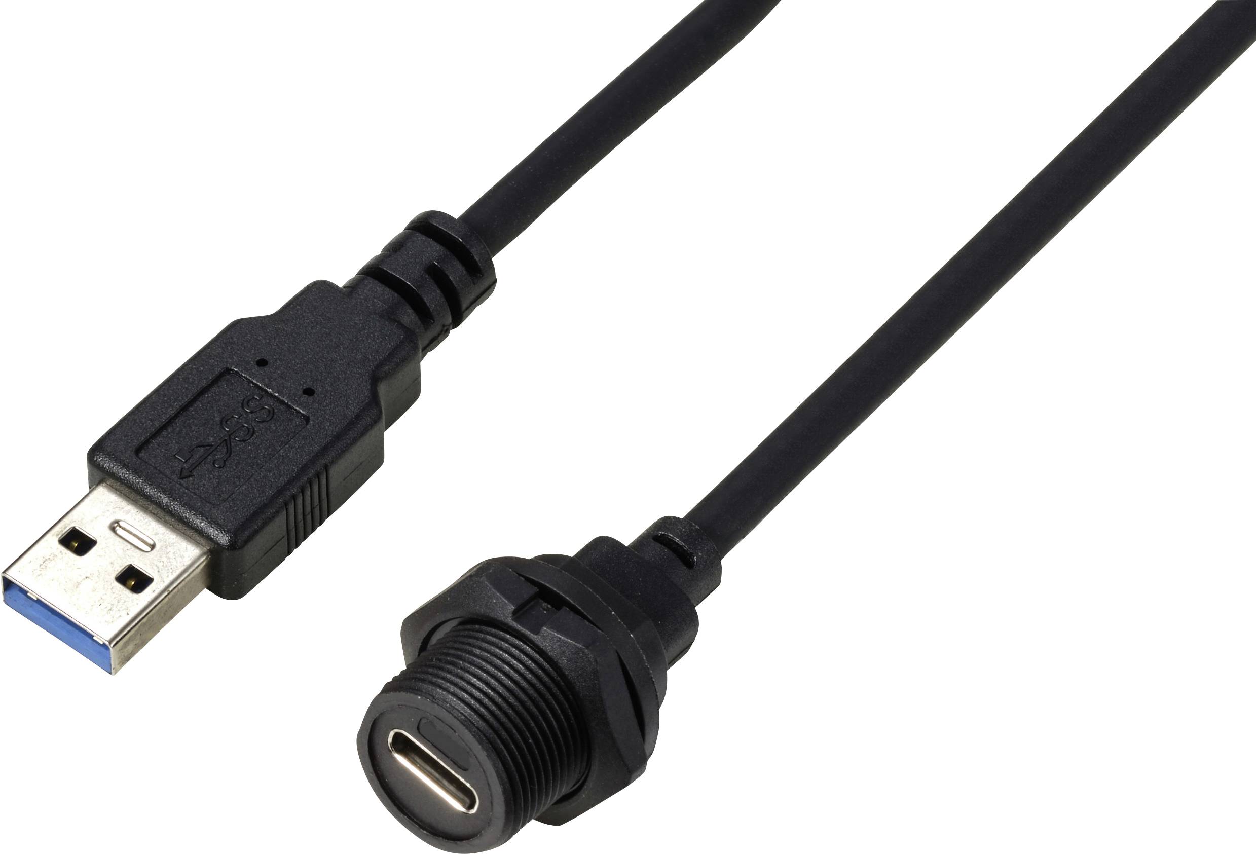 Un câble USB 3.0 noir se terminant par une fiche USB-A et un connecteur USB-C, adapté aux connexions d'appareils.