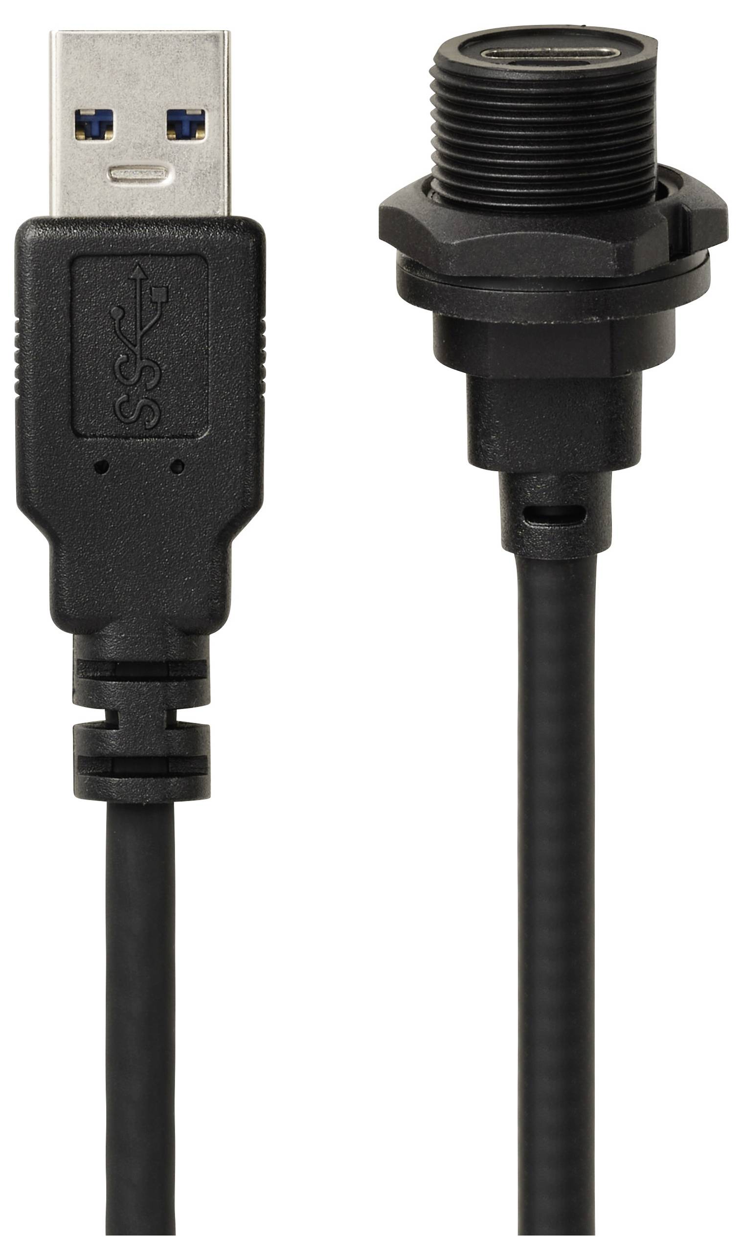 Un câble USB noir avec connecteurs mâle et femelle. Le connecteur de gauche est une fiche USB standard, celui de droite est un connecteur à vis.