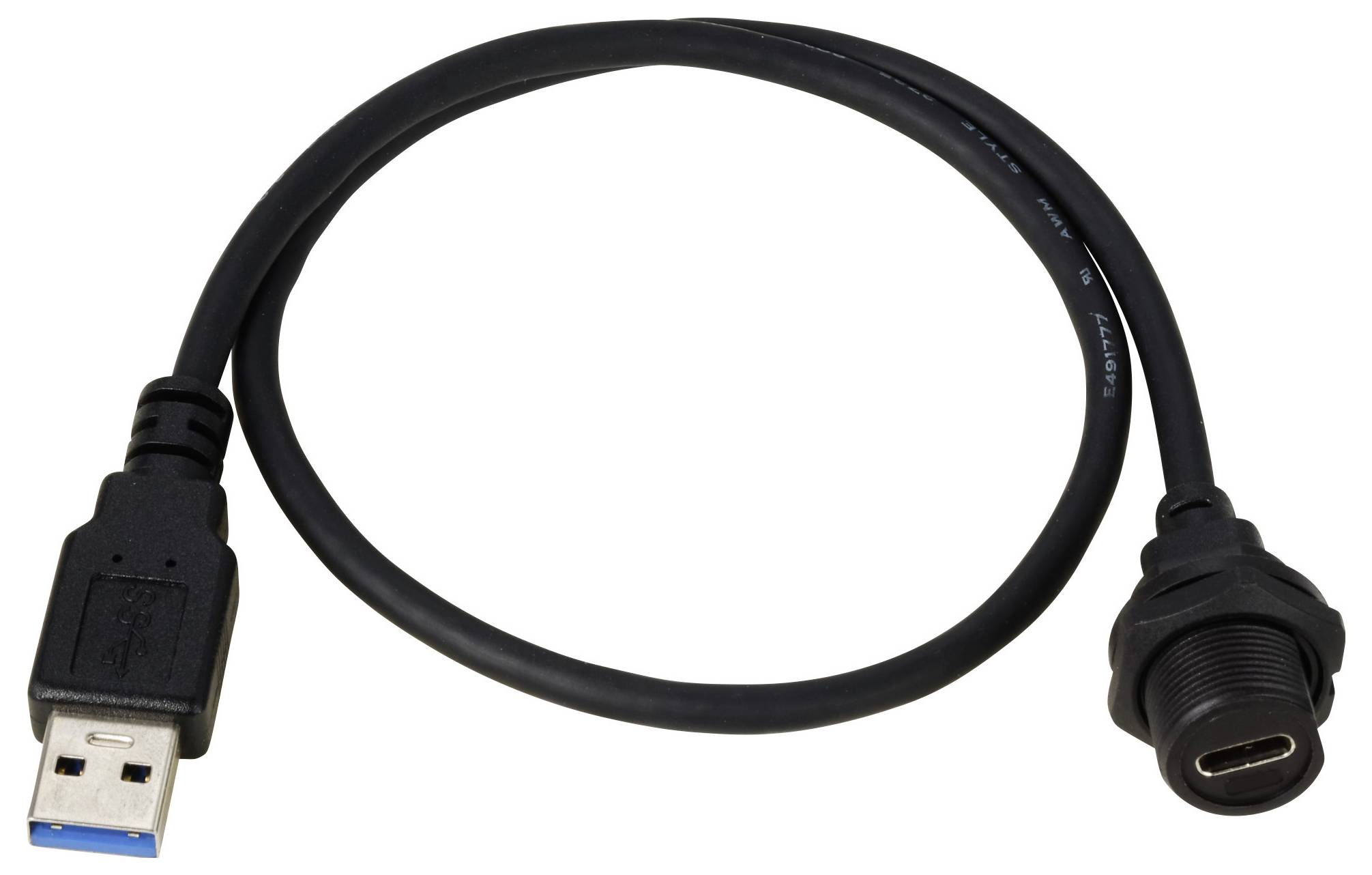 Un câble d'extension USB noir avec une fiche USB-A sur le côté gauche et un port USB-C sur le côté droit, sur un fond blanc.