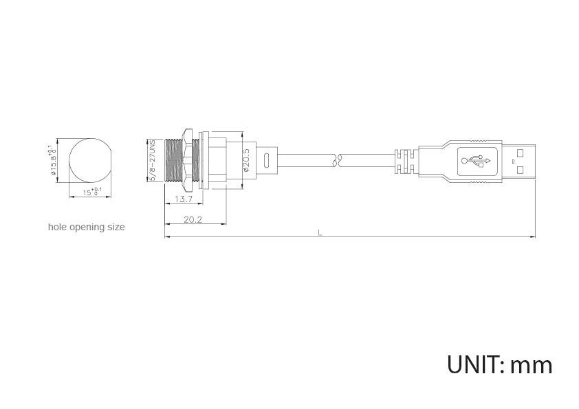 'Dessin technique d'un panneau USB rond avec dimensions : diamètre de perçage 15,7 mm, longueur totale 20,2 mm, appareil se terminant par une fiche USB.'