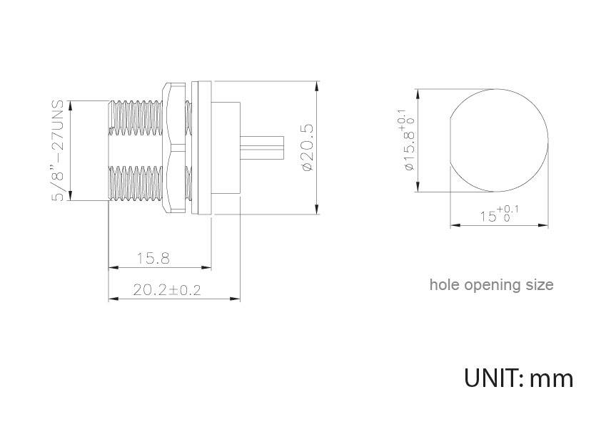 Diagramme avec les dimensions d'un connecteur cylindrique. Montre un diamètre de 20,5 mm et 15,8 mm, filetage 5/8''-27UNS.