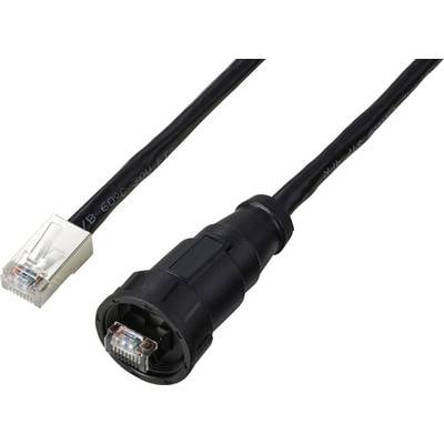 'Câble Ethernet noir avec connecteur RJ45 et capuchon de protection industriel, adapté aux environnements difficiles.'