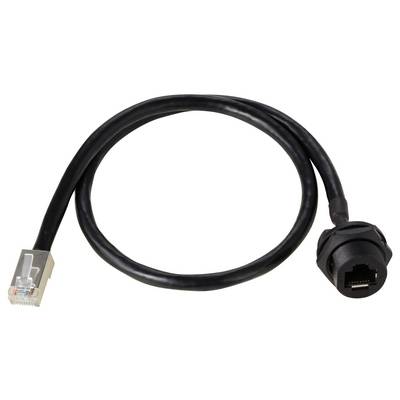Un câble Ethernet noir avec une fiche RJ45 à gauche et un connecteur rond à droite, adapté aux connexions réseau.