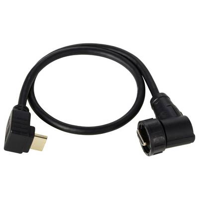 Câble HDMI noir avec fiches coudées, adapté pour connecter des appareils multimédia à des écrans ou des projecteurs.