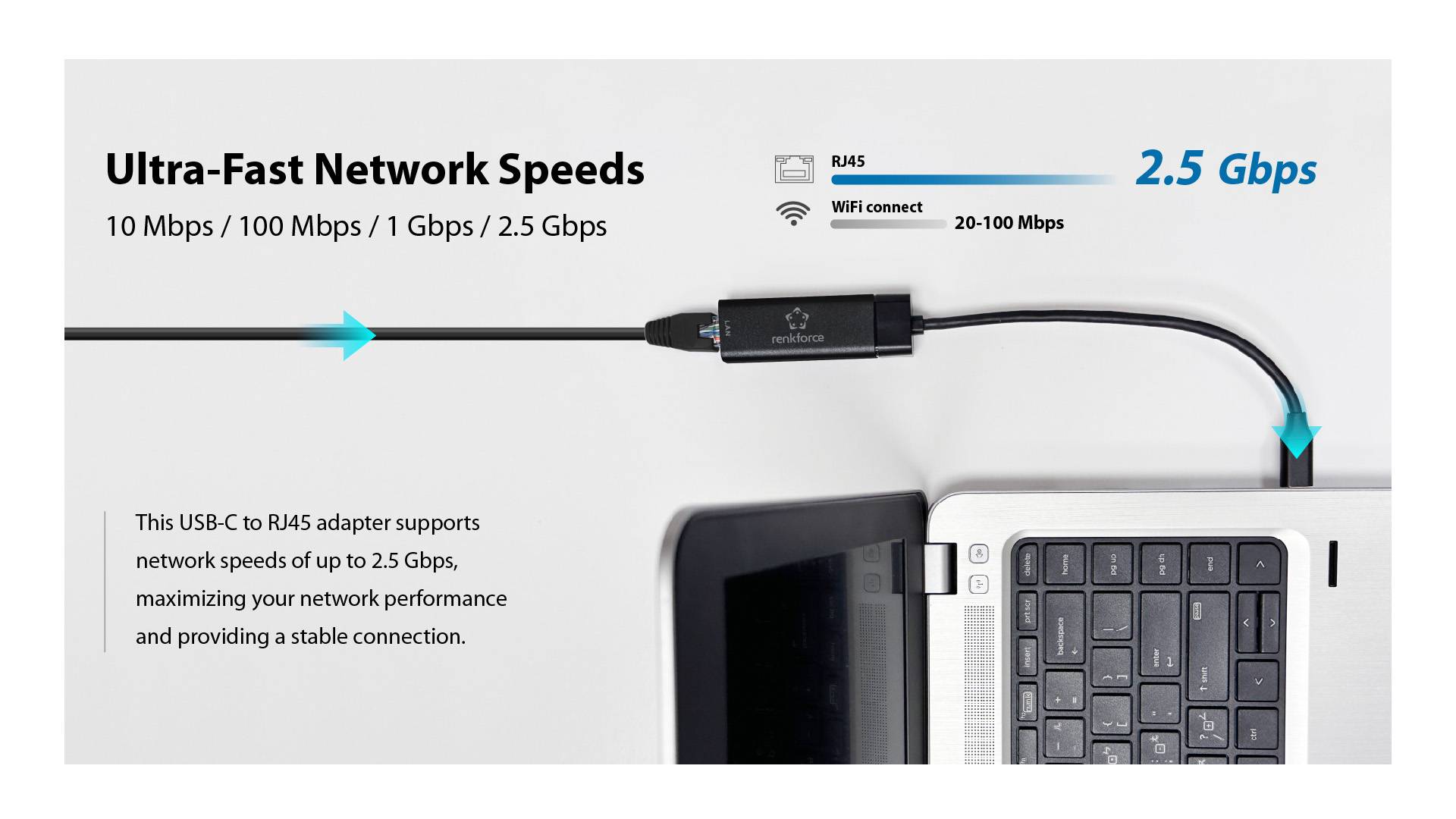 Un adaptateur USB-C vers RJ45, connecté à un ordinateur portable, affiche des vitesses de réseau allant de 10 Mbps à 2,5 Gbps et offre une connexion stable.