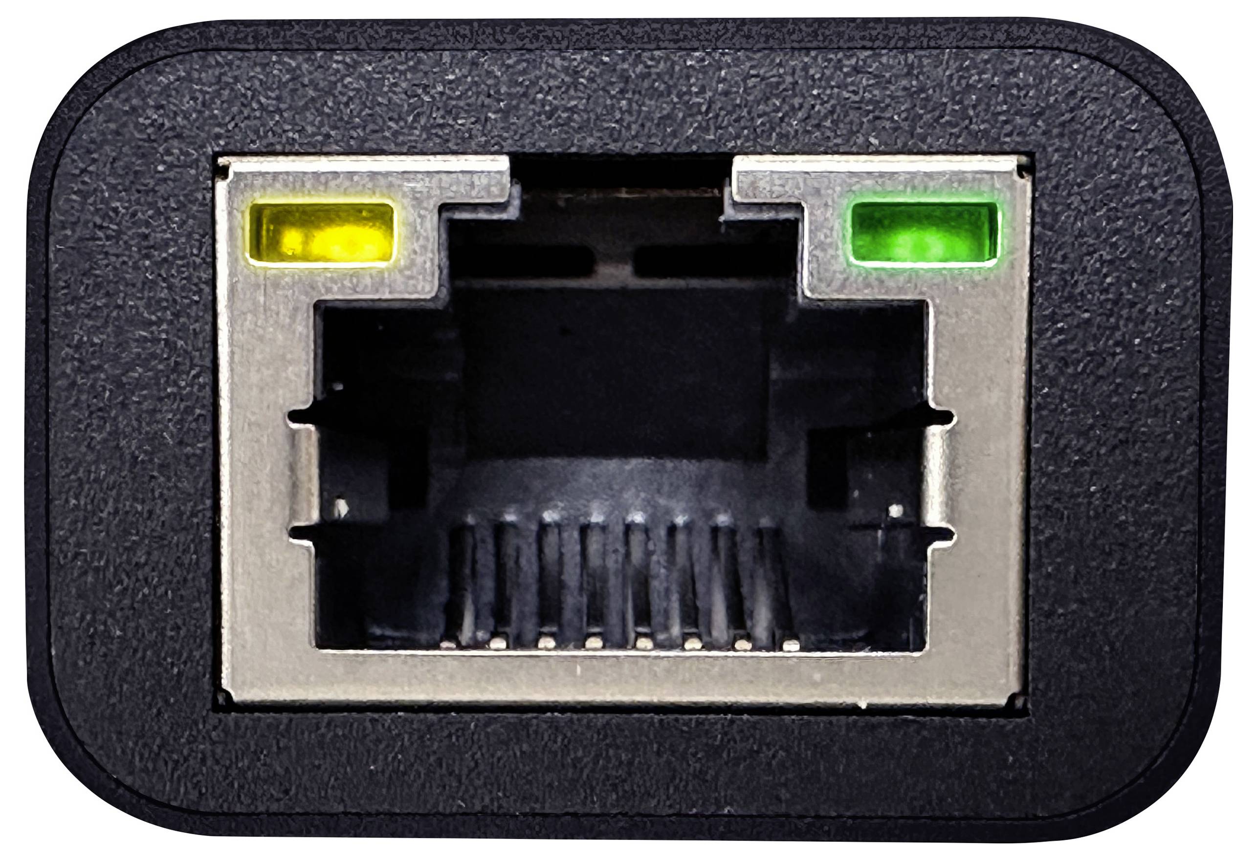 Un port Ethernet avec des LED jaune et verte indiquant le statut du réseau.