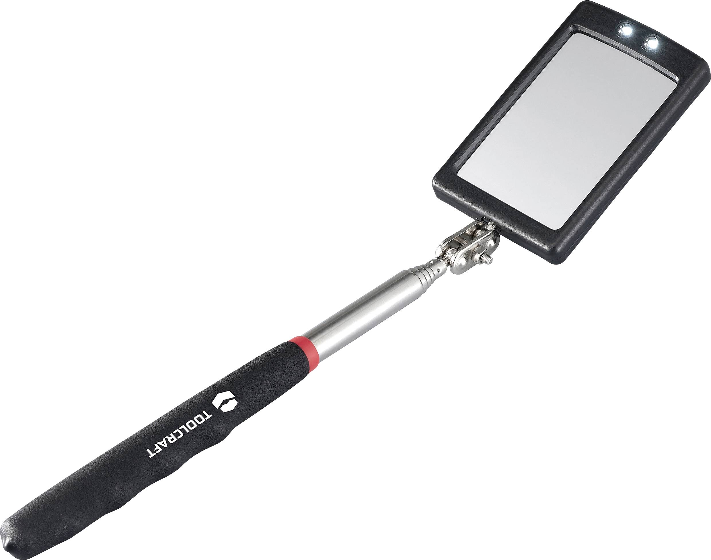 Un miroir d'inspection télescopique avec des lumières LED sur le bord supérieur, utilisé pour visualiser des zones difficiles d'accès.