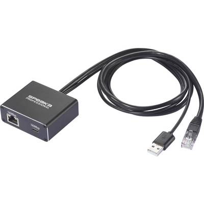 'Adaptateur noir avec connexions USB et RJ45, relié par un câble. Marquage 'SPEAKA PROFESSIONAL' sur le boîtier.'