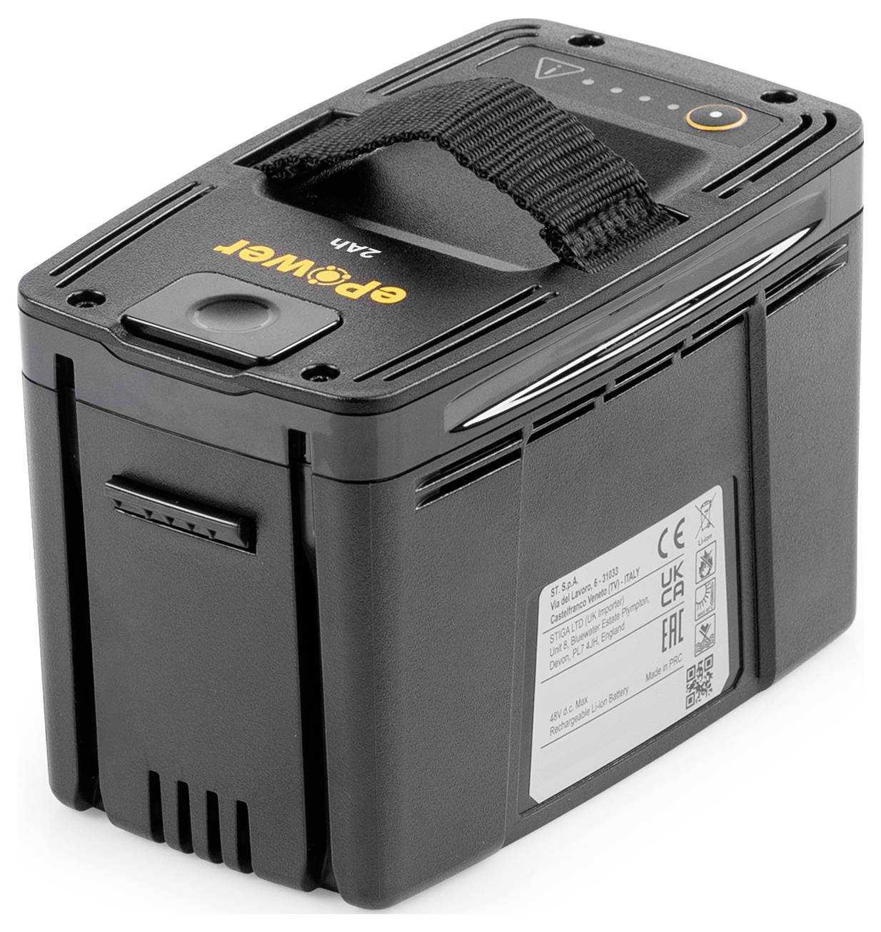 Batterie noire, rectangulaire, avec une poignée de transport et portant la mention 'Epowert'. Quatre voyants LED sont visibles sur la face supérieure.